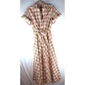 Cara Cara Plaid Maxi Shirtdress Brown Cream Short Sleeve Tie Waist XS New